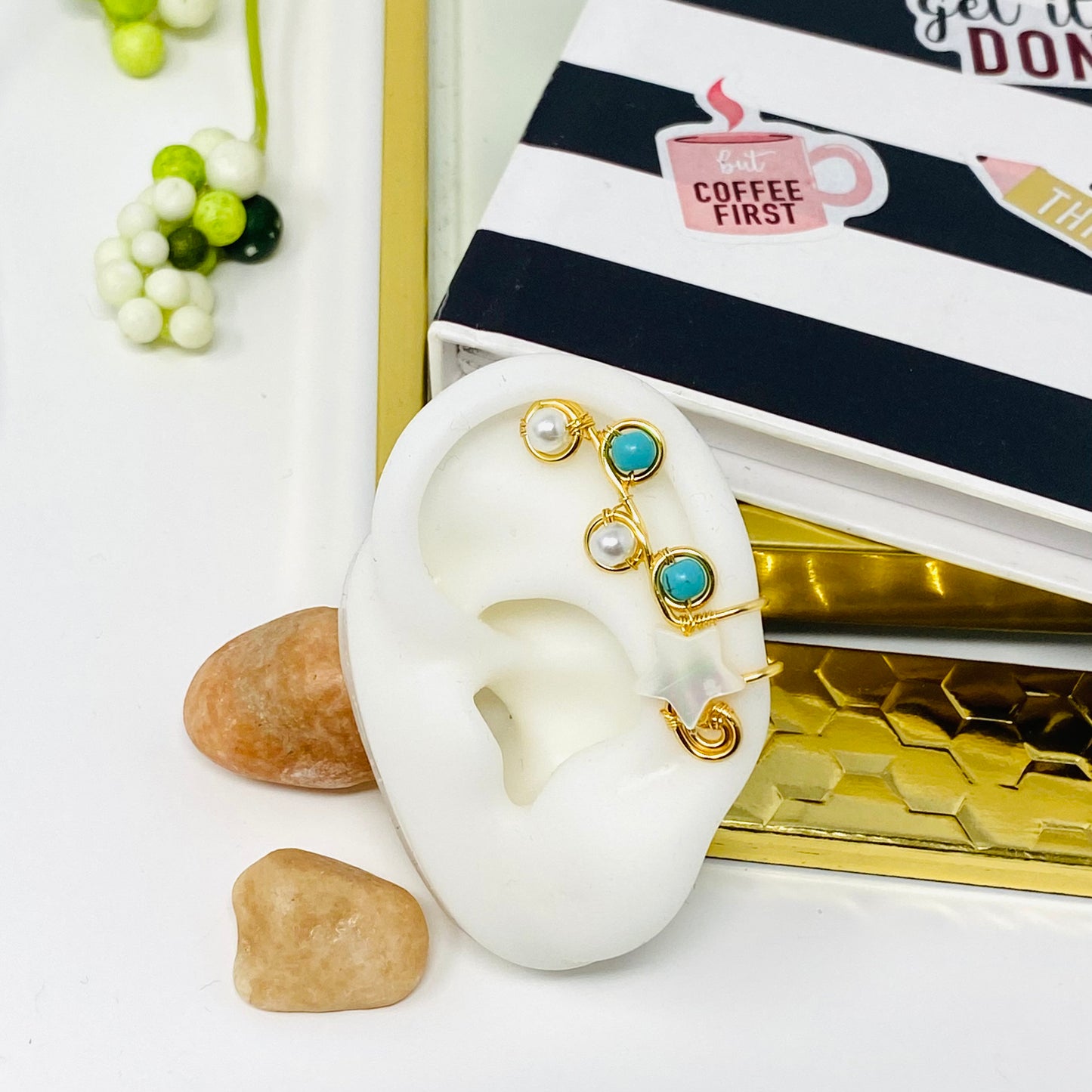 Turquoise Ear cuffs, Ear Cuff, Ear Climber, Ear cuff no piercing, turquoise earrings, cartilage earrings, gold ear cuff, Ear Jacket