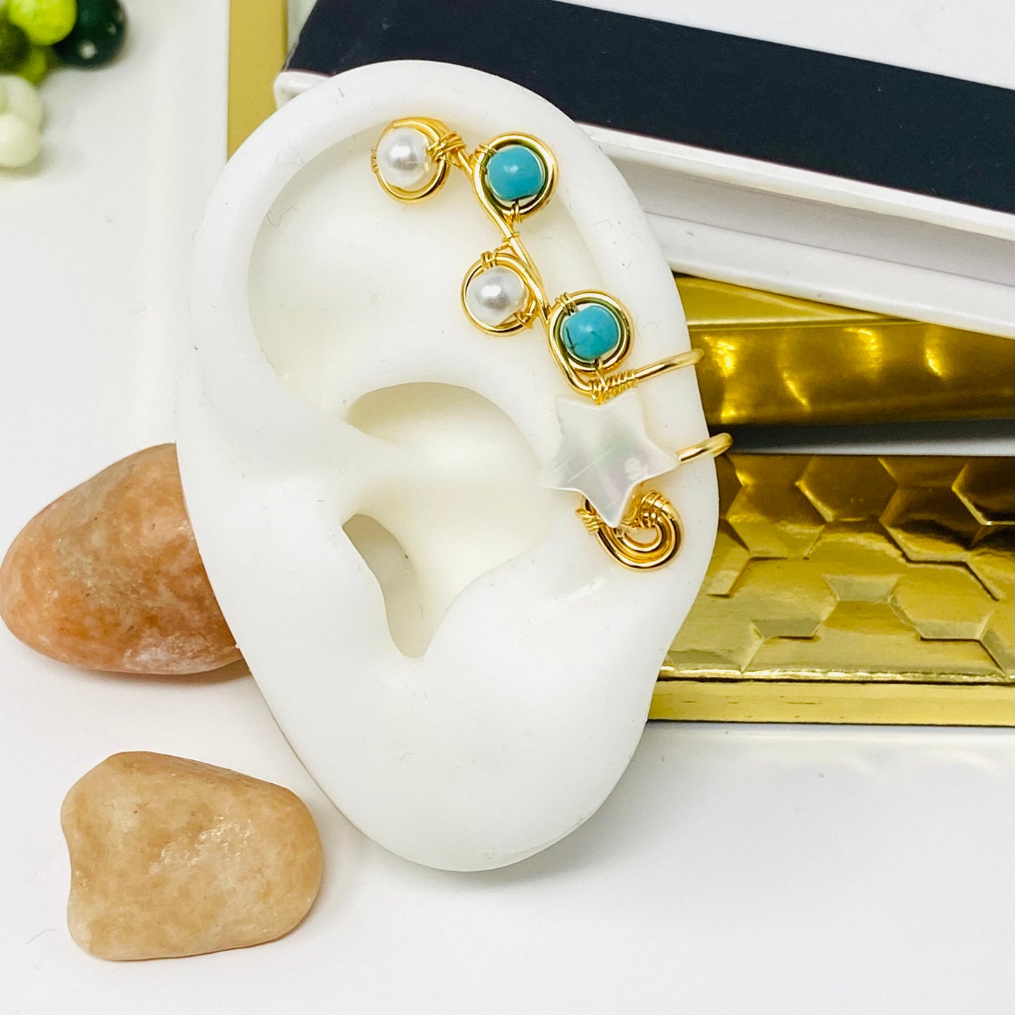 Turquoise Ear cuffs, Ear Cuff, Ear Climber, Ear cuff no piercing, turquoise earrings, cartilage earrings, gold ear cuff, Ear Jacket