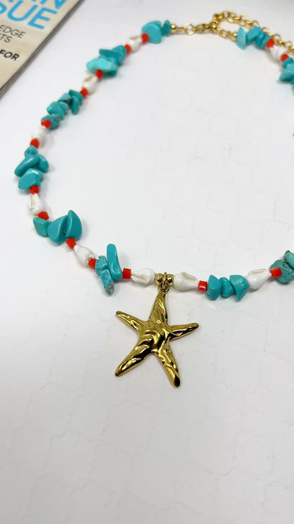 Handmade Turquoise Chip Bead Necklace with Natural Shell, Crystal Beads & Gold Stainless Steel Starfish Pendant – Adjustable Beach Jewelry