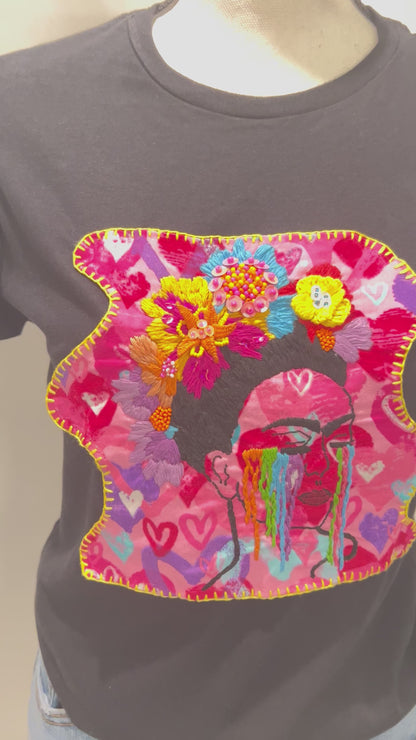 Embroidered Frida kahlo Flower Tshirt, Hand Embroidered blouse, Clothing For Women, Floral shirt, Mexican Design Tshirt, Funny Summer Tshirt