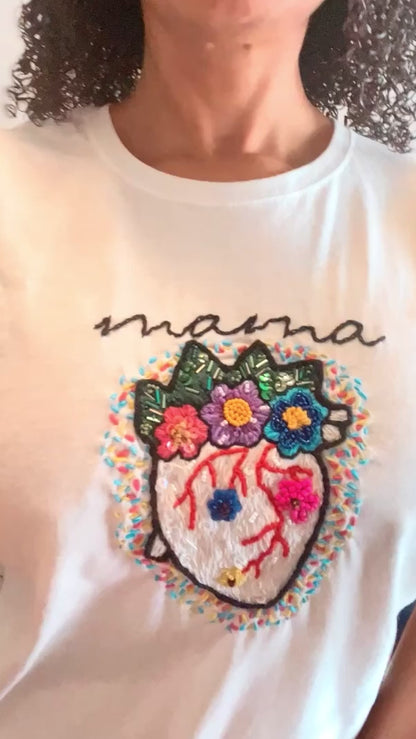 Hand embroidered Mama floral Tshirt, Hand Embroidered heart flower Tshirt For Women, Mexican blouse Design Tshirt, Funny mom shirt, summer