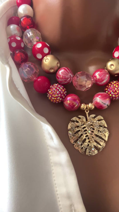 Layered Beaded Necklace with Gold Plated Leaf Charms – Adjustable Two-Strand Chunky Beads Jewelry
