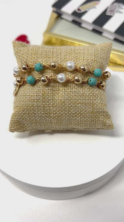 Pearl And Turquoise Beaded Bracelet, Handmade Adjustable Gold Bracelet
