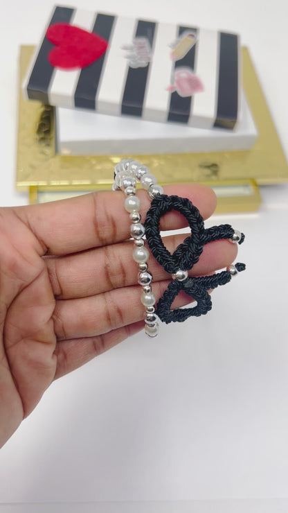 Black Silver bow bracelet, Pearl bow bracelet Set, Knot bracelet, coquette jewelry, y2k bracelet bows, coquette bow, Gold bow bracelet