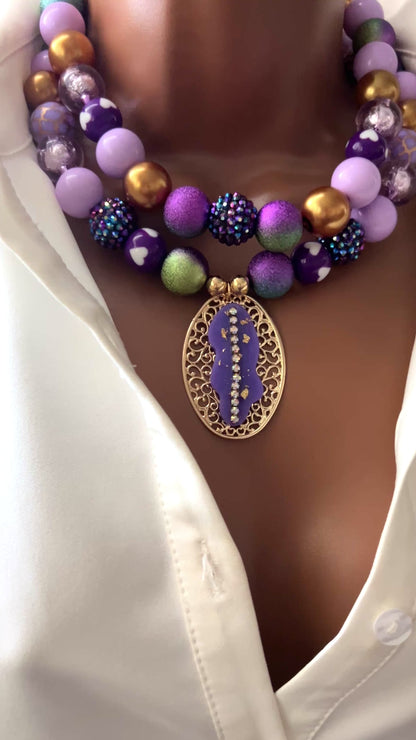 Layered Beaded Necklace with Gold Plated Charms – Adjustable Two-Strand Chunky Beads Jewelry