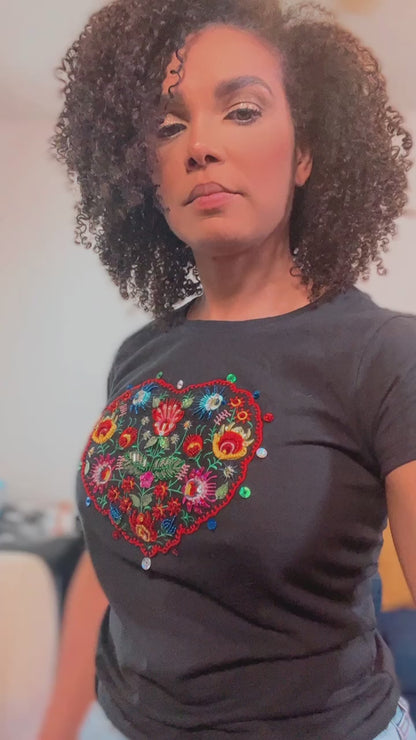 Embroidered Heart Flower Tshirt, Hand Embroidered Applique Tshirt For Women, Mexican Design Tshirt, Funny Summer Tshirt