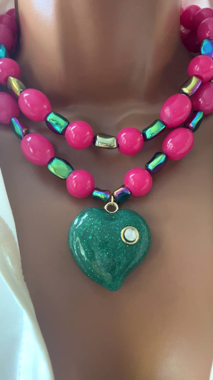 Handmade Double-Layer Resin Beaded Necklace with Heart Pendant and Austrian Crystals – Adjustable Statement Jewelry