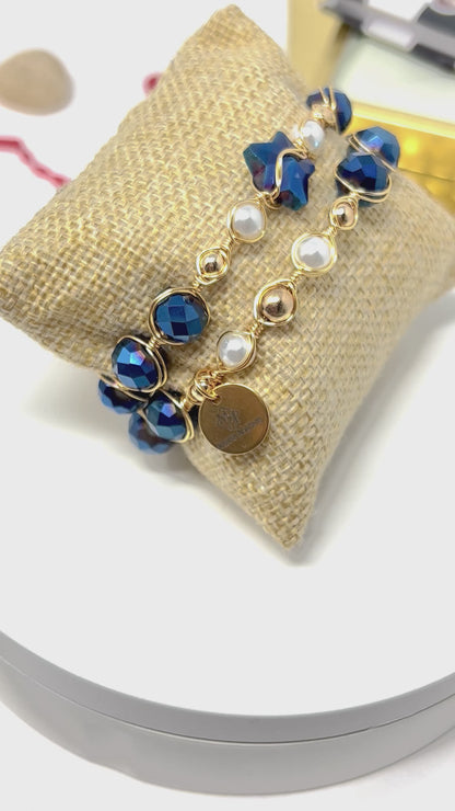 Pearl And Blue Czech Beaded Bracelet Set