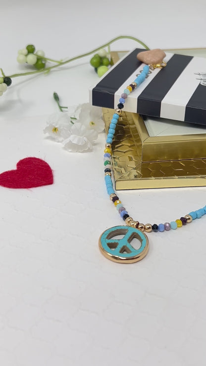 Beaded Necklace, Beaded Choker With Turquoise Pendant And Gold Plated
