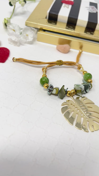 Gold Plated Monstera Leaf And Green Beads Bracelet