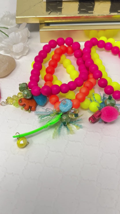Bracelet with neon colored beads, elastic, bohemian style, summer and beach bracelet