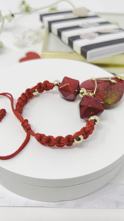 Red heart bracelet with gold plated beads woven macramé