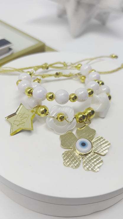 Handmade white beaded bracelet sets with flower evil eyes pendant, bracelet for women
