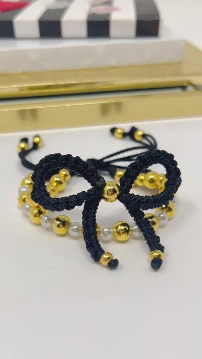 Black Gold  Bow Bracelet, Pearl bow bracelet Set, Knot bracelet, coquette jewelry, y2k bracelet bows, coquette bow, Gold bow bracelet