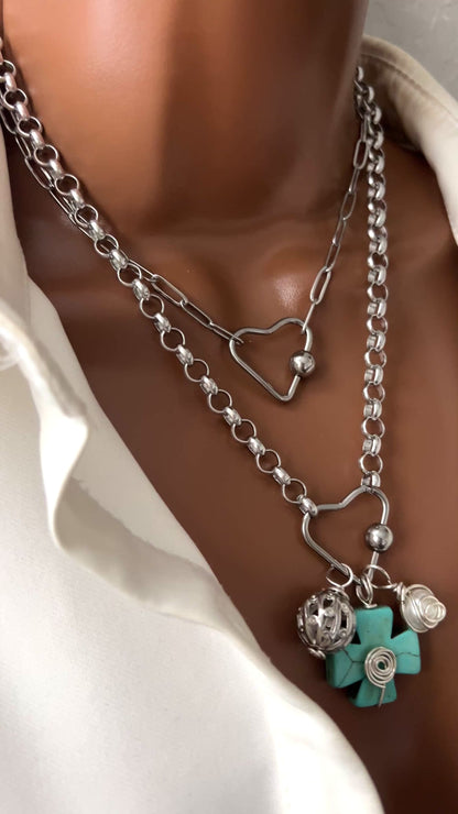 Carabiner necklace, Silver Charm necklace, Custom Silver Vintage, Handmade Christmas Gift women, paperclip necklace, pearl pendant (Copia)