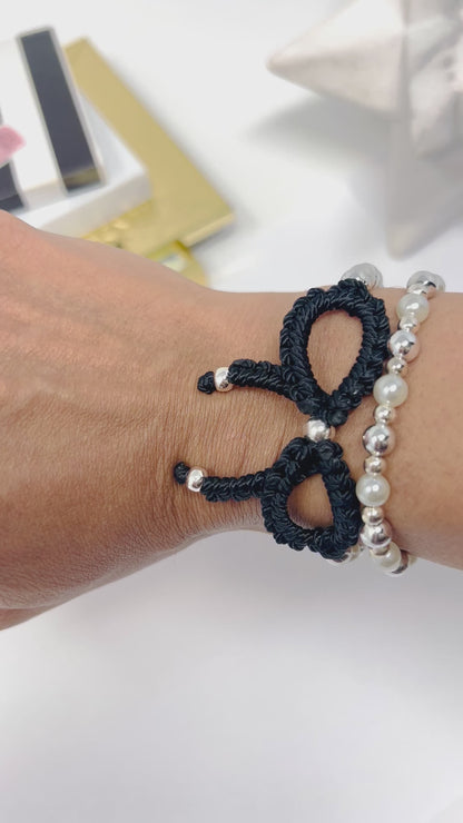 Black Silver bow bracelet, Pearl bow bracelet Set, Knot bracelet, coquette jewelry, y2k bracelet bows, coquette bow, Gold bow bracelet