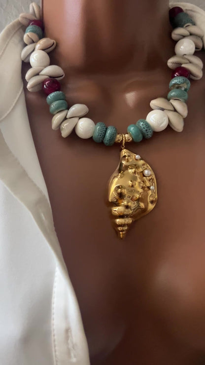 Handmade Cowrie Shell Necklace with Ceramic Beads and Gold Plated Conch Pendant – Adjustable Boho Beach Jewelry