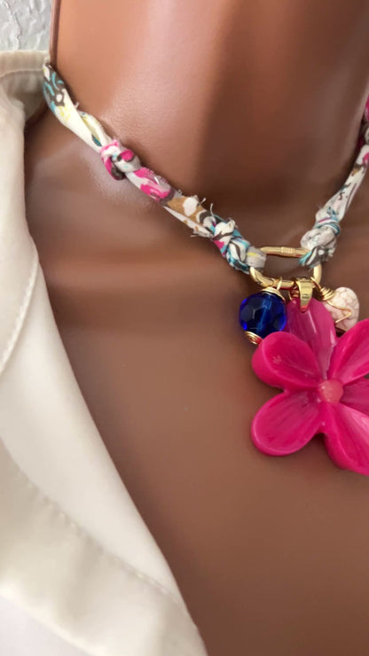 Bandana Flower Charm Necklace, Custom Carabiner Bandana Pendant Necklace, Boho Scarf Necklace, Vintage Charm Necklace, Fabric Pendant Necklace Gift