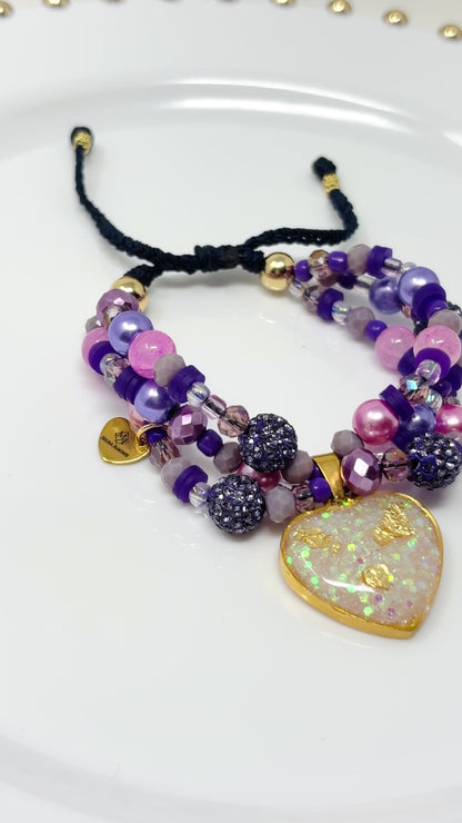 Handmade Purple Beaded Bracelet with Resin Heart Charm