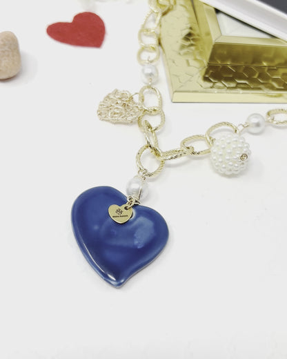 Ceramic Heart Charm Gold Chain Necklace For Women, Chunky Chain, Link Chain