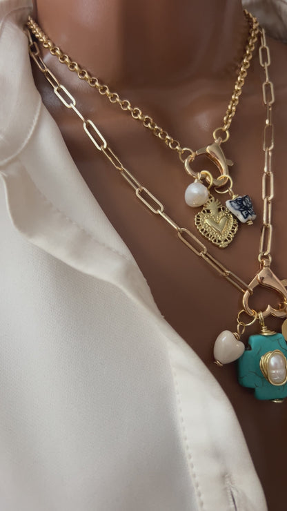 Carabiner necklace, Chunky charm necklace, Custom gold vintage, handmade Christmas gift women, paperclip necklace, pearl pendant