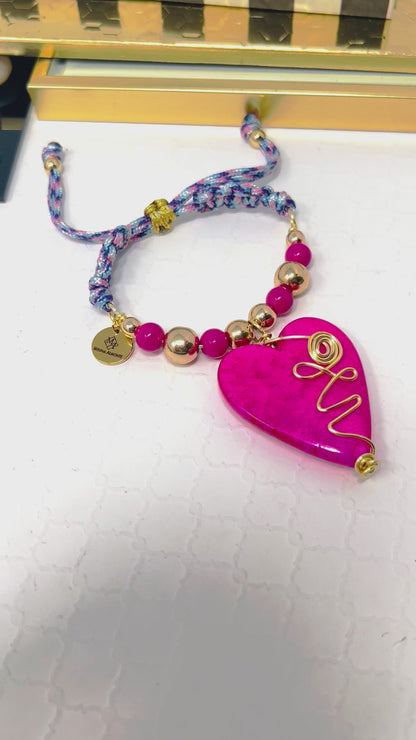 Pink heart bracelet for women with gold hematites beads woven macrame
