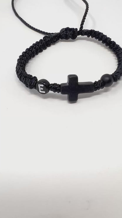 Cross bracelet men, Initial bracelet, Christian religious catholic protection, black cord beads, Christmas gift for him, boyfriend father