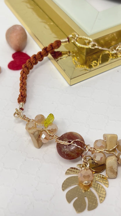 Braided Choker Necklace In Macrame, Wire And Gold Laminated Pendant And Natural Stones