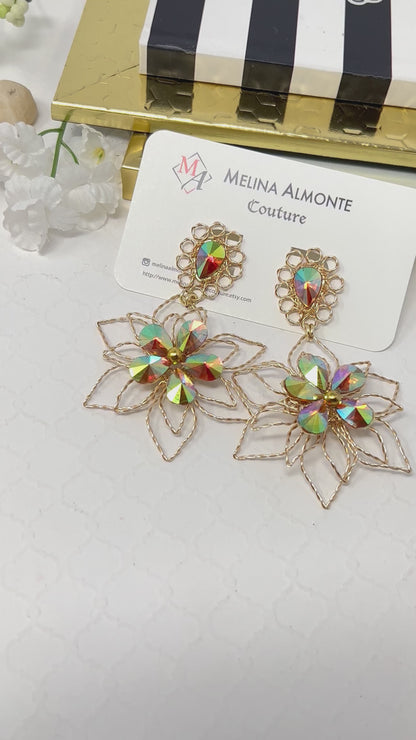 Gold earrings with chape crystal flower and gold plated wire