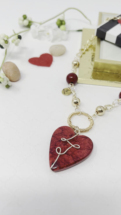 Red Heart Charm Gold Chain Necklace For Women, Link Chain