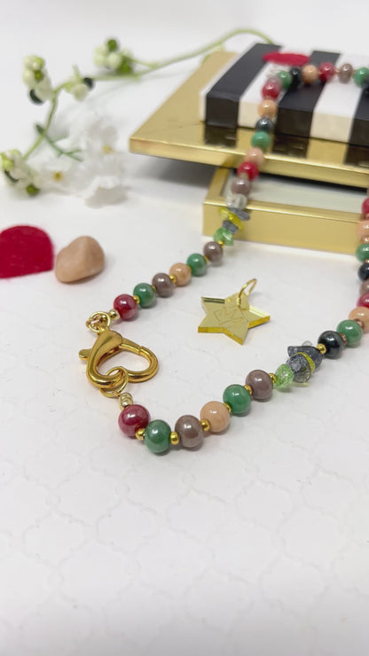 Multicolored Ceramic Bead Necklace With Gold Laminated Heart Closure