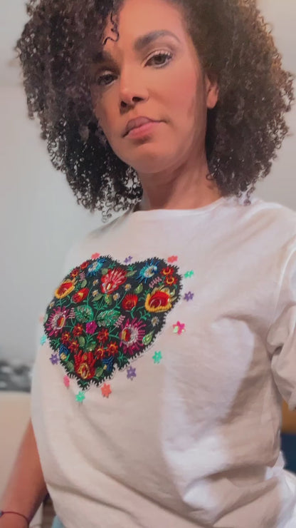 Embroidered Heart Flower Tshirt, Hand Embroidered Applique Tshirt For Women, Mexican Design Tshirt, Funny Summer Tshirt