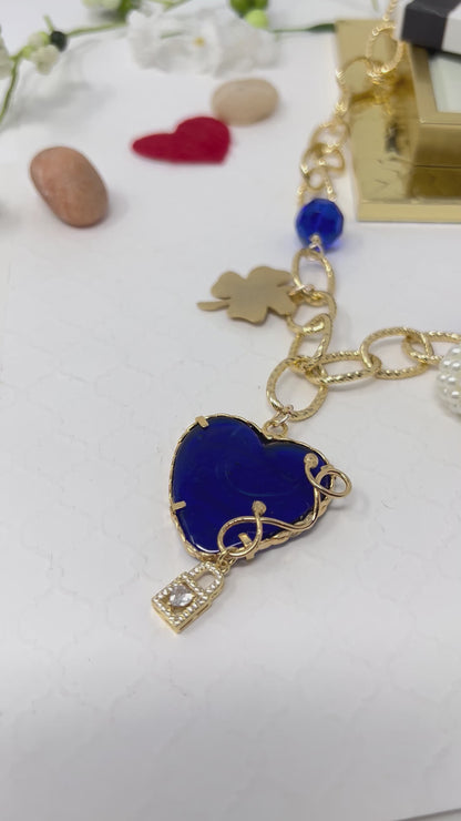 Murano Heart And Clover Gold Plated Charm Gold Chain Necklace For Women