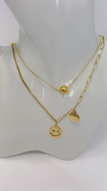Stainless Steel Layer Necklace, Happy Faces Necklace, Gold Chain Necklace