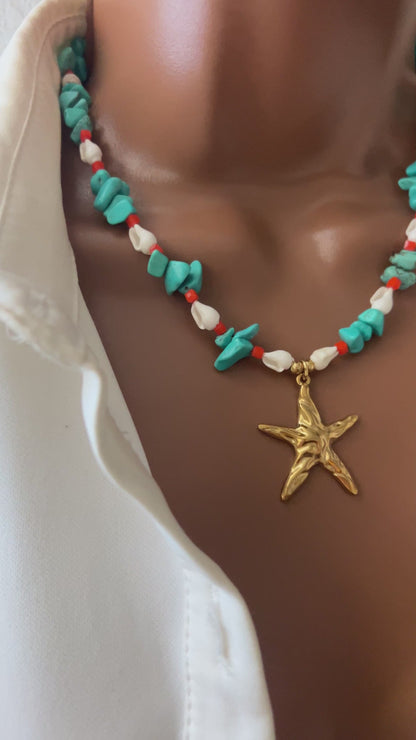 Handmade Turquoise Chip Bead Necklace with Natural Shell, Crystal Beads & Gold Stainless Steel Starfish Pendant – Adjustable Beach Jewelry