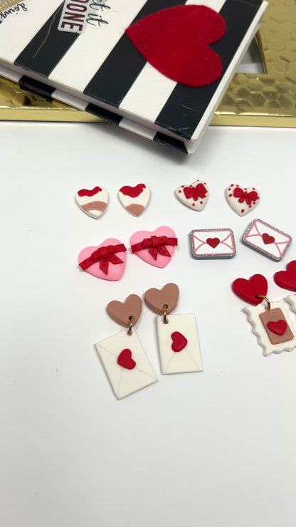 Polymer Clay Heart Earring, Valentine’s Envelope Earrings for Her, Stud Dangle Heart Earrings, Valentines Gift for her