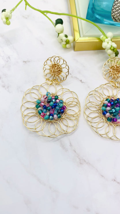 Golden Flower And Bead Earrings, Handmade Gold Plated Wire Earrings