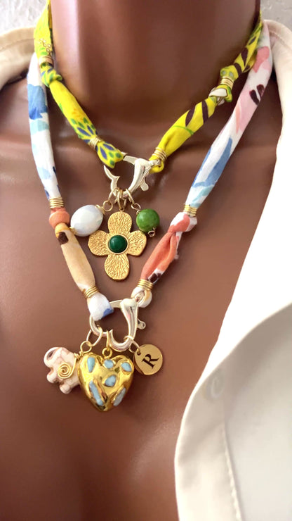 Bandana Charm Necklace, Custom Carabiner Bandana Pendant Necklace, Boho Scarf Necklace, Vintage Charm Necklace, Fabric Pendant Necklace Gift