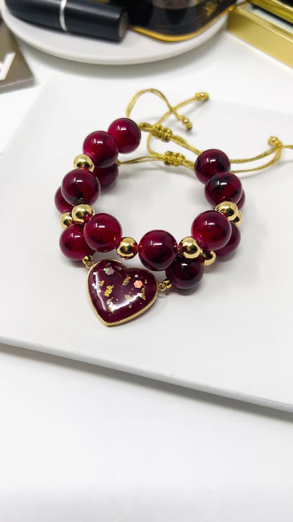 Handmade crystal beads bracelet sets with Resin Heart Charm