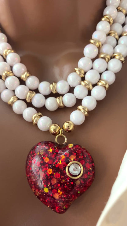 Layered Beaded Necklace with Resin Heart Pendant, Handmade Necklace