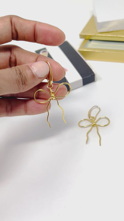 Bow Earrings, gold bow earrings, ribbon earrings, coquette jewelry, coquette earring, minimalist earrings, wire earring, dangle earring bows