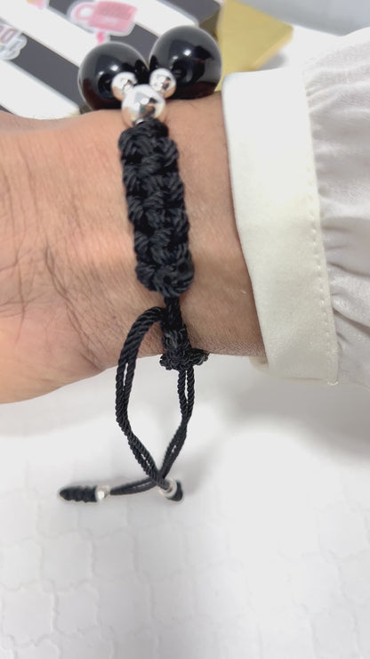 Black Beaded Bracelet With Silver Adjustable  Woven Macrame