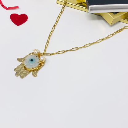 Hamsa Hand Blue Evil Eye Gold Stainless Steel Necklace