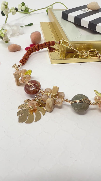 Braided Choker Necklace In Macrame, Wire And Gold Laminated Pendant And Natural Stones