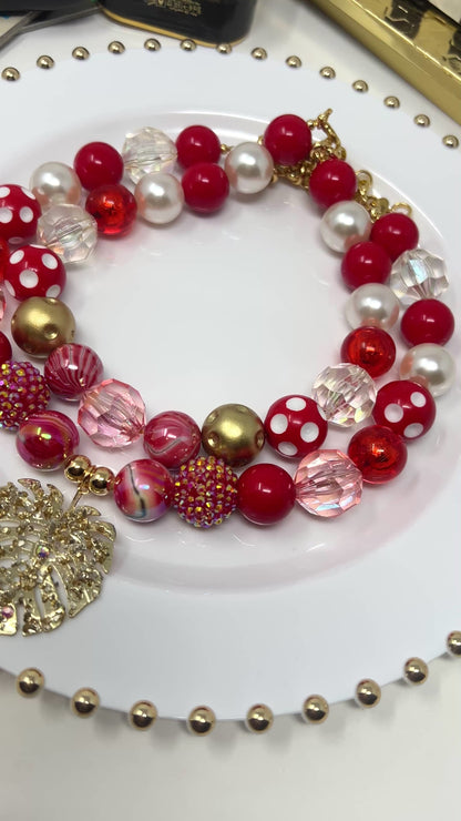 Layered Beaded Necklace with Gold Plated Leaf Charms – Adjustable Two-Strand Chunky Beads Jewelry