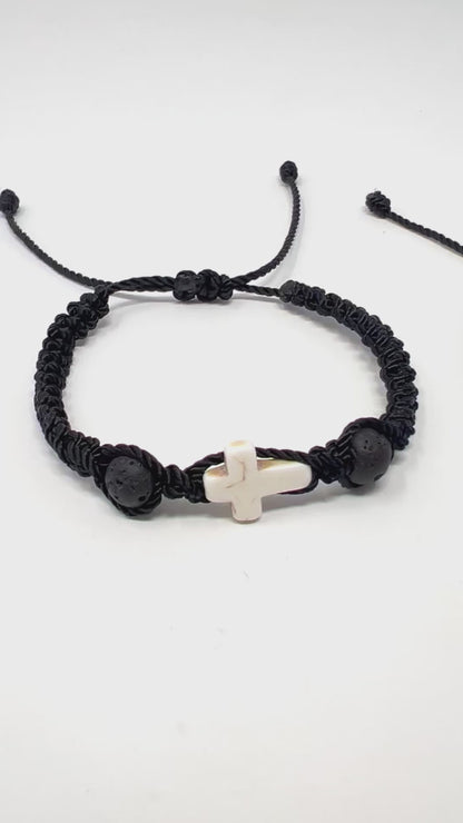 Cross bracelet men bead, string woven bracelet, Christian religious catholic protection, black cord, Christmas gift for him, boyfriend
