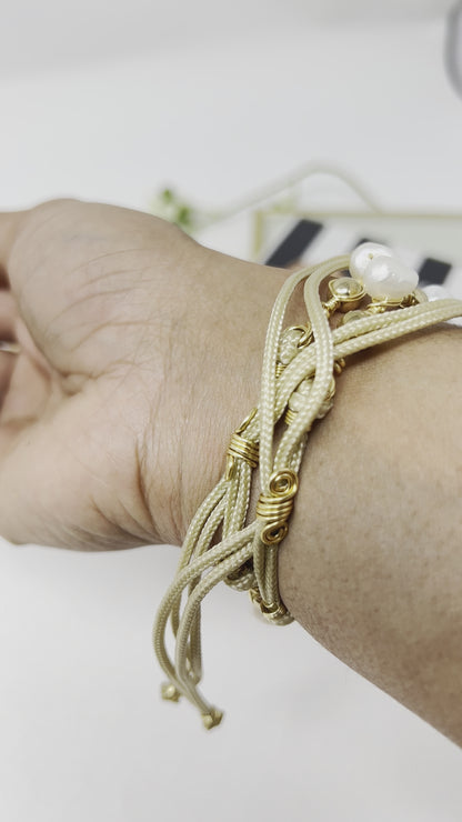 Freshwater Pearl And Hematite Beads Bracelet Set, Handmade Cord Adjustable Gold Bracelet
