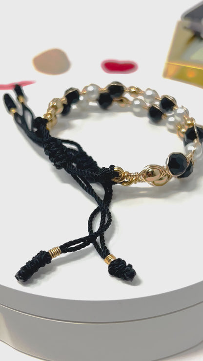 PEARL AND BLACK CRYSTAL BEADED BRACELET SET