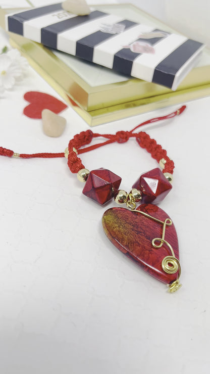 Red heart bracelet with gold plated beads woven macramé