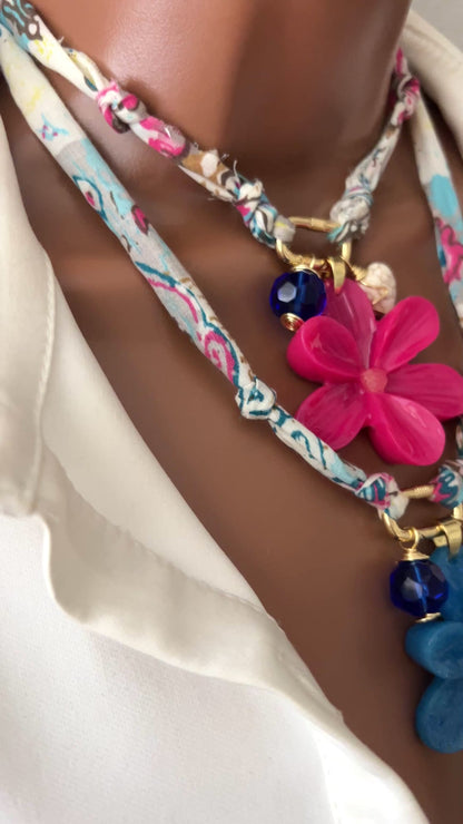 Bandana Flower Charm Necklace, Custom Carabiner Bandana Pendant Necklace, Boho Scarf Necklace, Vintage Charm Necklace, Fabric Pendant Necklace Gift